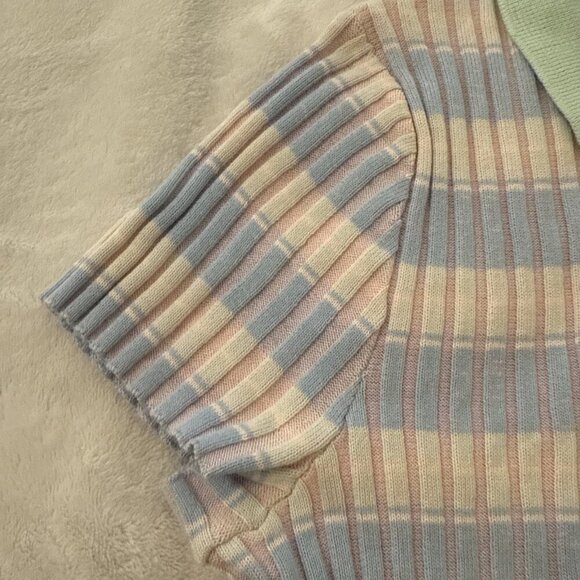 Frayed Denim Ribbed Collared Top Tennis Stripes 80s 90s Preppy Size Large - Picture 6 of 14